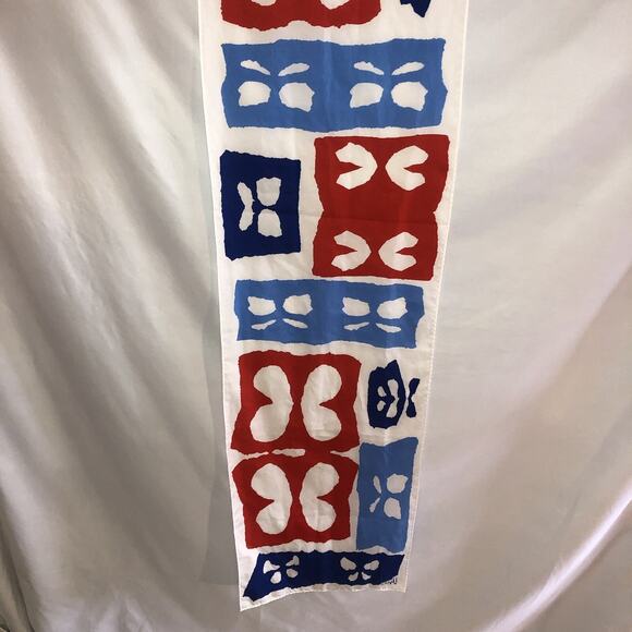 Vintage Signed Vera Neumann Scarf Hair Tie Red White Blue Butterfly Geometric - Picture 4 of 5